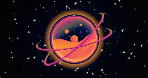Glowing Neon Planet with Rings Rotating in Star Field, Futuristic Cosmic Illustration