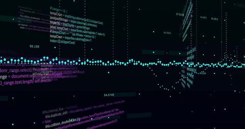 Streaming Neon Waveform Pulsing Through 3D Cyberspace with Cyan Nodes and Data Code Planes