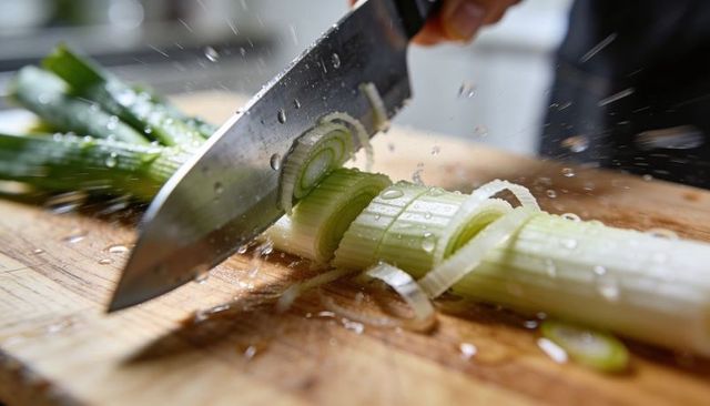 Slicing leek with chef's knife on wet wooden cutting board, water droplets and motion blur
