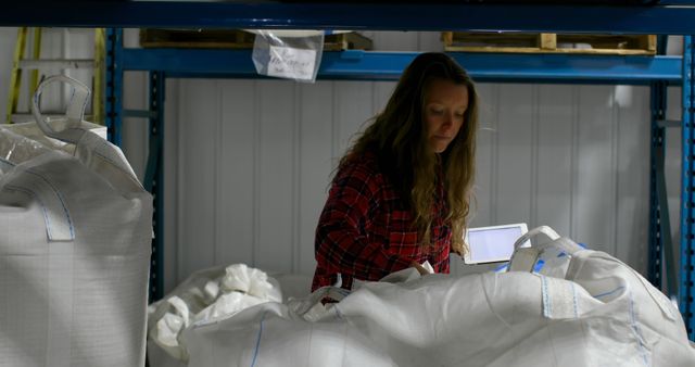 Warehouse Worker Inspecting Large Bags in Storage Facility - Download Free Stock Images Pikwizard.com