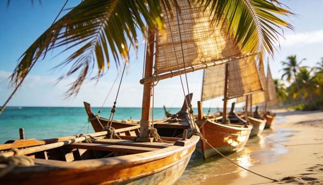 Sunlit wooden sailboats lining turquoise tropical beach with woven sails and reflections