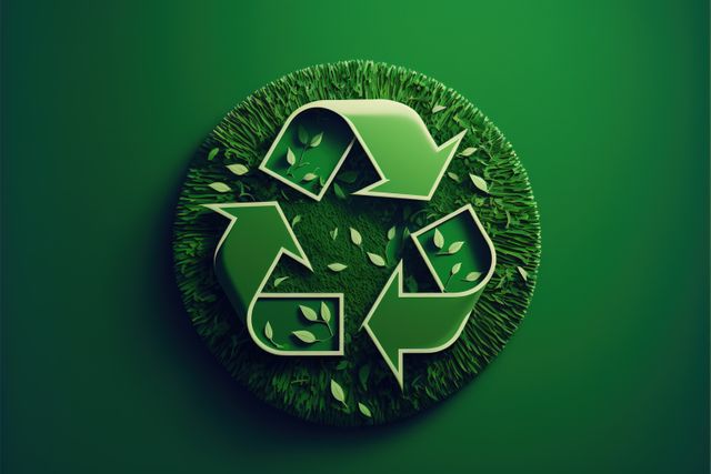 Recycling symbol with grass and leaves on green background, created using generative ai technology. Recycling and ecology concept digitally generated image.