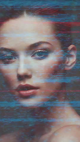 Vertical cyberpunk portrait glitching with neon scanline distortion, synthwave motion