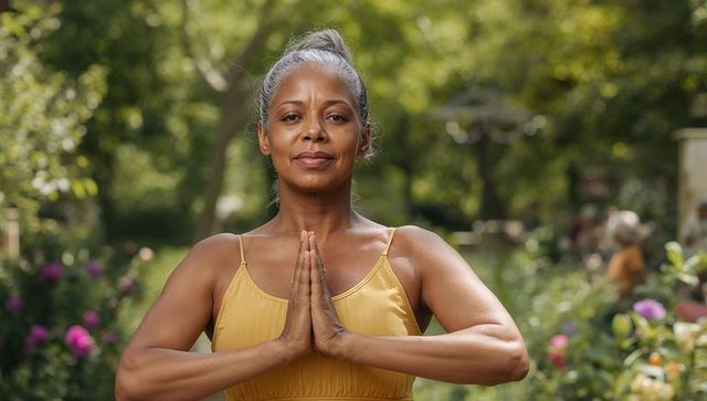 Woman practicing yoga mudra in lush garden for meditation and wellness