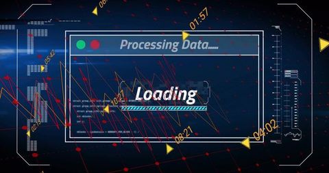 Futuristic data dashboard loading screen with hud grid, network graphs and timestamps