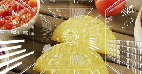 Folded corn taco shells with augmented reality food data overlay on wooden tabletop