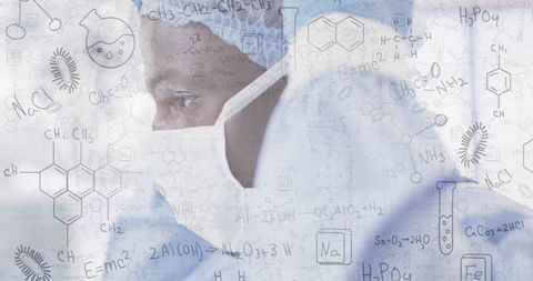 African American Male Surgeon with Chemical Equations Overlay