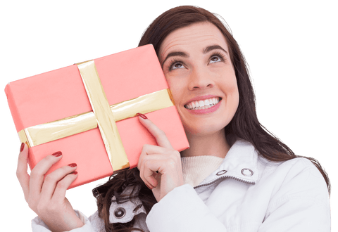 Smiling Woman Holding Transparent Wrapped Gift Upwards