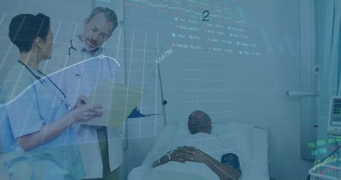 Doctors Discussing Patient Care with Data Overlay in Hospital