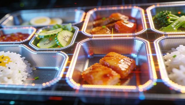 Futuristic bento tray displaying glazed protein and rice with holographic neon overlay