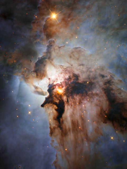The deep view of the Lagoon Nebula, also known as Messier 8, in the constellation Sagittarius reveals detailed interstellar gas clouds and dust formations. The bright star Herschel 36 at the center shapes the surrounding cloud with its intense ionizing radiation. This region is a hub for star formation, featuring turbulent winds and funnel-like gas structures resembling twisters. Utilizing both infrared and optical light, it unveils the intricate and dynamic nature of the nebula. Ideal for educational materials on astronomy and cosmic phenomena, illustrating the complexities of nebulae and star formation.