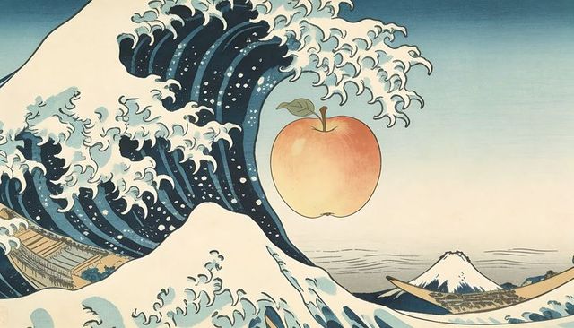 Surreal ukiyo-e wave hovering peach over mount fuji with fishermen rowing in boats, indigo seascape