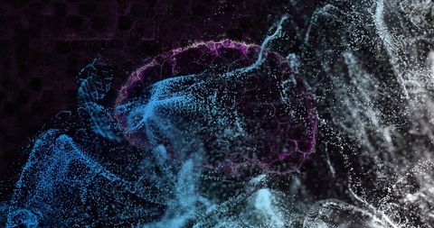 Futuristic digital brain with floating particles and blue mist