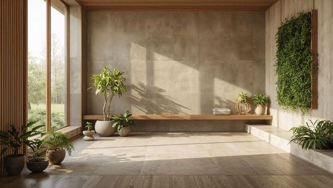 Sunlit minimal spa corner basking in warm light with long wooden bench and living wall