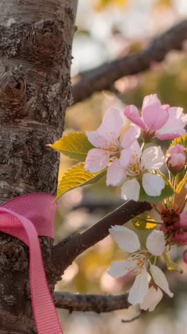 Swaying Pink Cherry Blossoms Drifting Ribbon along Orchard Trunk | Vertical Spring Video