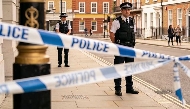 Uniformed police standing behind blue-and-white cordon on urban street near georgian facades