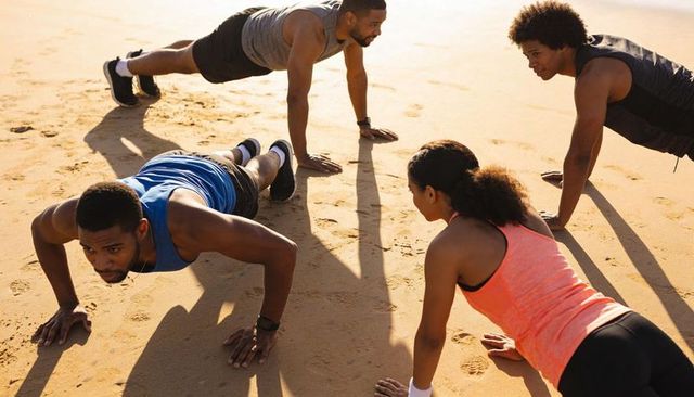 Group performing beach push-up workout during sunlit outdoor fitness calisthenics session