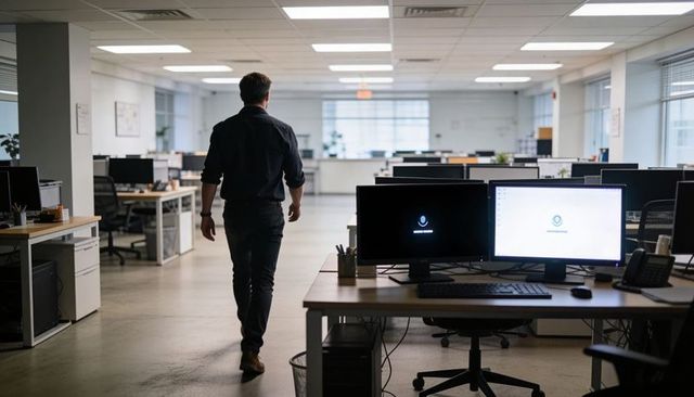 Man walking through modern open-plan office with dual monitors, minimalist workspace