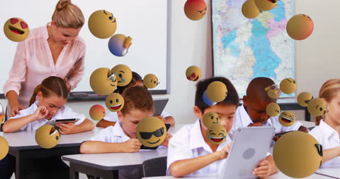 Students Using Tablets with Emoticons in Classroom