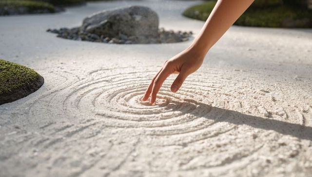 Hand Touching Sand Creating Concentric Ripples in Zen Garden with Mossy Rocks