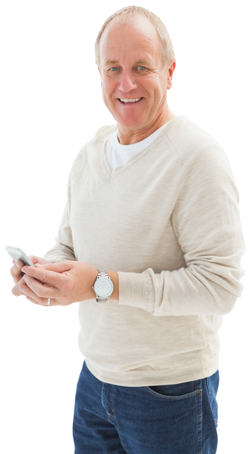 Smiling Senior Man Sending Text on Smartphone, Transparent Background - Download Free Stock Videos Pikwizard.com