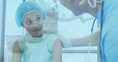 Child patient consulting with doctor amid financial overlay