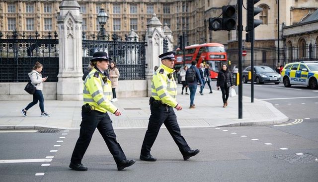Two police officers patrolling london crossing in hi-vis past red double-decker bus
