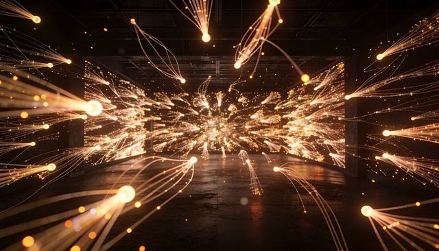 Radiating golden filament installation filling industrial gallery with immersive led burst