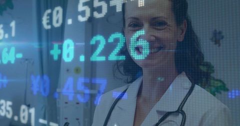 Smiling female doctor blending with financial data visualization for healthcare analytics