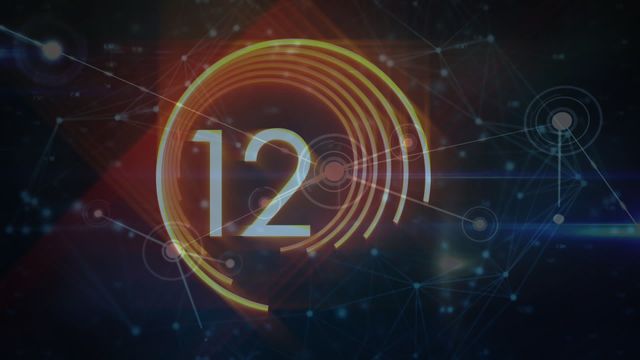 Digital animation of numbers from 12 to 0 with orange circles over a network of connections on a black background. Great for technology-themed presentations, event countdowns, video intros, and futuristic design concepts.