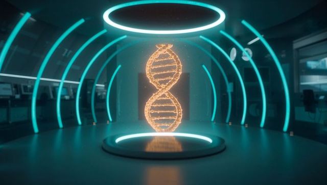 Holographic dna helix hovering above pedestal in futuristic neon lab