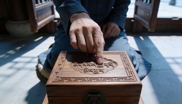Right hand pressing carved wooden ritual box by man in dark blue robe under sunlit window