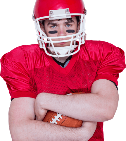 American football player in red jersey holding football ball transparent