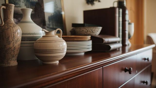 Cream and brown striped jug on polished wooden sideboard with vintage ceramic vases