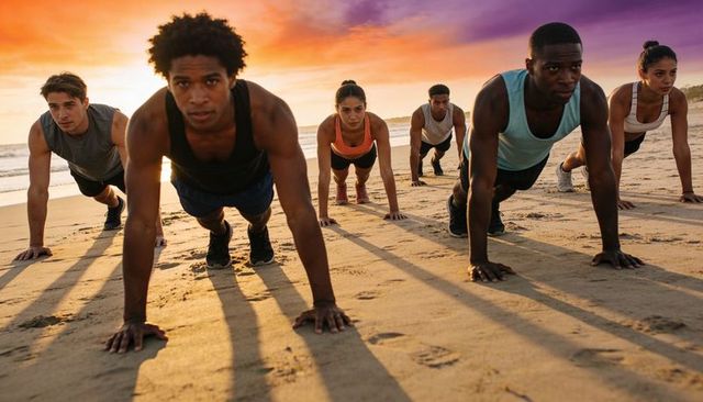 Sunset beach bootcamp holding planks together on wet sand for group fitness