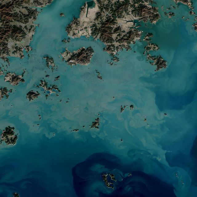 Aerial capture depicting checkerboard patterns created by seaweed farms off the south coast of South Korea near Sisan Island. Taken by the Operational Land Imager (OLI) on Landsat 8 on January 31, 2014, this image illustrates fields of seaweed grown on ropes in shallow, coastal waters. The region contributes significantly to the seaweed industry, cultivating Undaria and Pyropia species. Useful for resources about aquaculture, sustainable food sources, and environmental science.