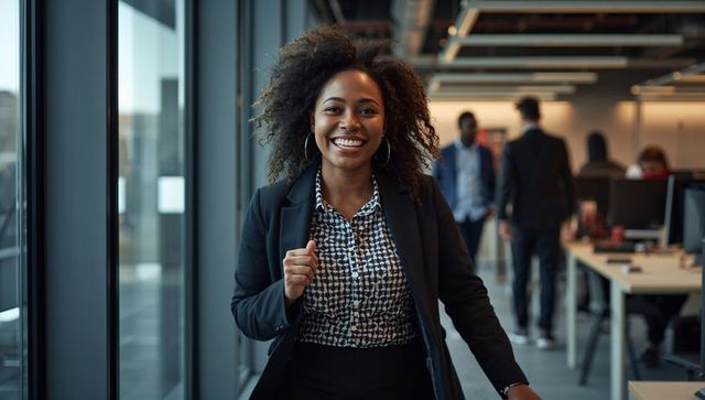 Confident Businesswoman Striding in Modern Office Hallway