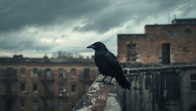 Solitary Crow Perched on Weathered Urban Rooftop Ledge
