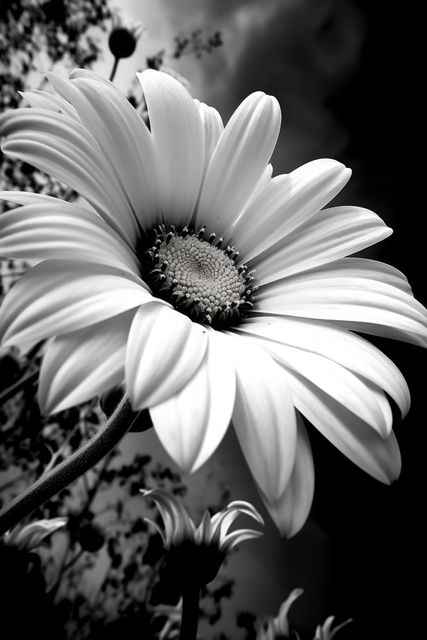 This monochrome close-up captures the delicate beauty of a daisy bloom set against a dramatic sky. Ideal for use in botanical studies, nature-themed projects, or as an eye-catching piece in home and office decor. Its elegant composition and contrast lend a sophisticated touch to branding materials, websites, or social media campaigns focusing on the beauty of nature.