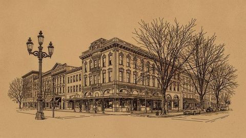 Historic street corner with vintage architecture and bare trees
