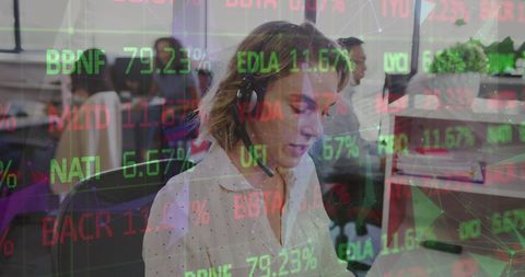 Businesswoman on phone call with stock market overlay