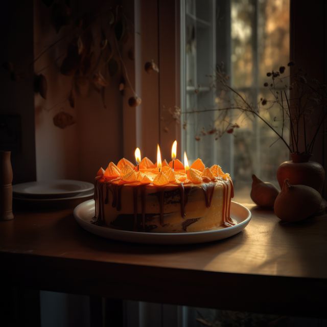 Birthday Cake with Lit Candles on Rustic Wooden Table - Download Free Stock Images Pikwizard.com