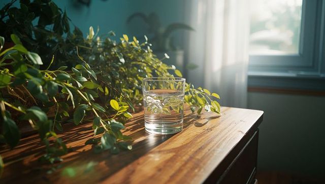 Refreshing glass of ice water with plants in sunlit room