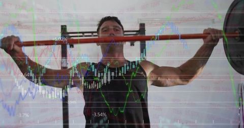 Lifting Barbell Under Stock Market Chart Overlay Representing Strength and Performance