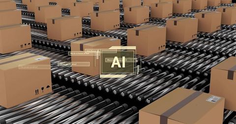 Ai-powered conveyor automation moving cardboard boxes on roller line warehouse logistics