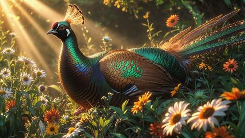 Iridescent pheasant animal in blooming meadow at sunrise