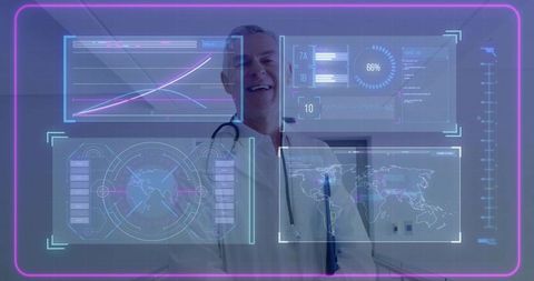 Doctor Reviewing Holographic Medical Dashboard with Neon Futuristic Interface at Clinic