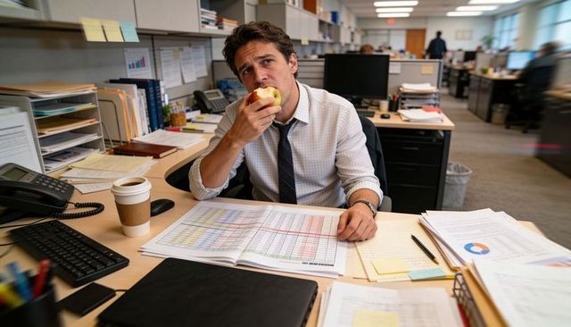 Business professional eating apple while reviewing spreadsheets at busy open-plan desk