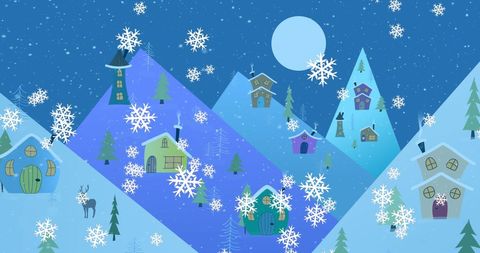 Winter Wonderland Village at Night with Falling Snowflakes