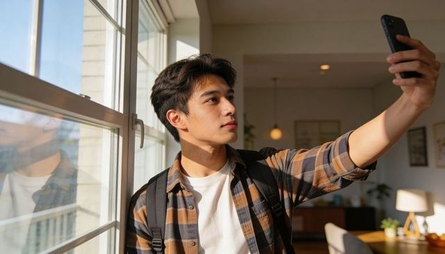Sunlit asian man taking selfie by window wearing backpack and plaid shirt